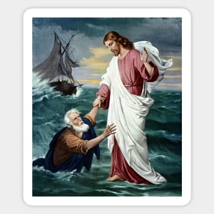 Jesus walking on the water and saving Peter Sticker